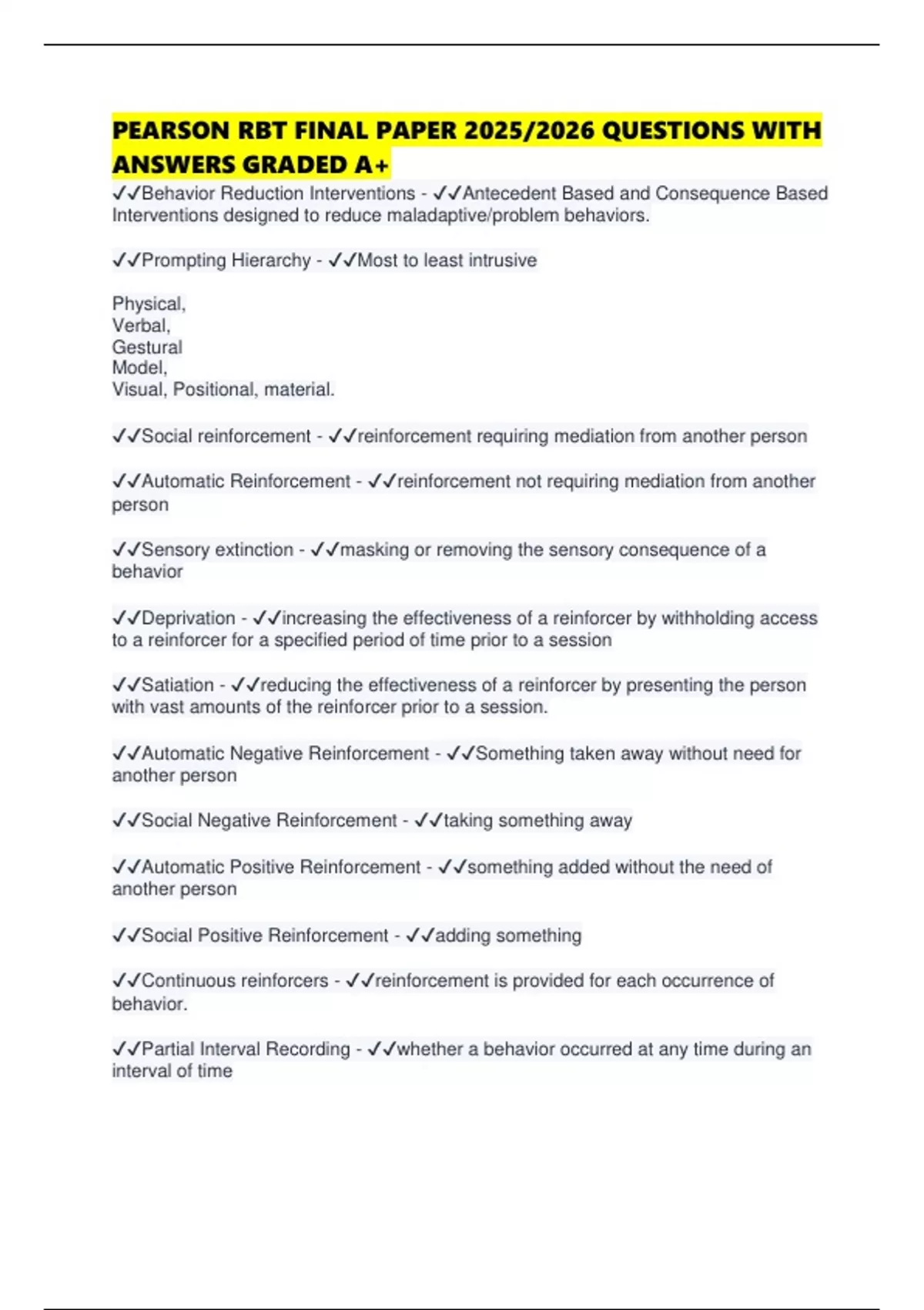 Pearson Note Paper PEARSON RBT FINAL PAPER 2025/2026 QUESTIONS WITH ANSWERS GRADED A+ ...