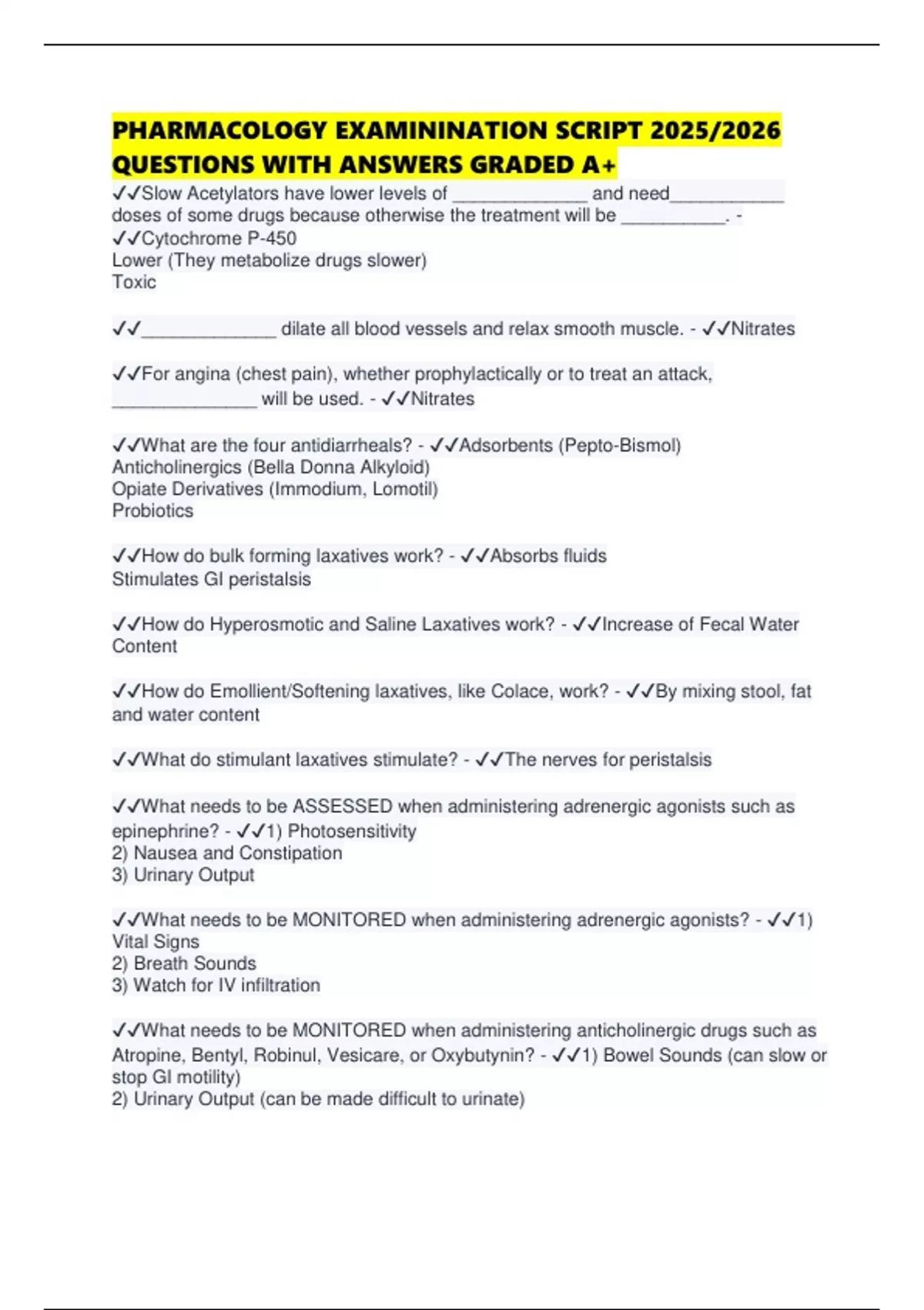 Test Script Medication PHARMACOLOGY EXAMININATION SCRIPT 2025/2026 QUESTIONS WITH ANSWERS ...