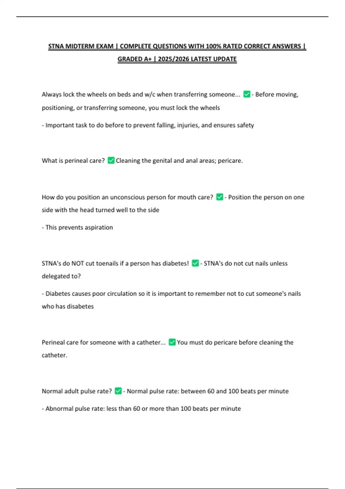 STNA MIDTERM EXAM | COMPLETE QUESTIONS WITH 100% RATED CORRECT ANSWERS ...