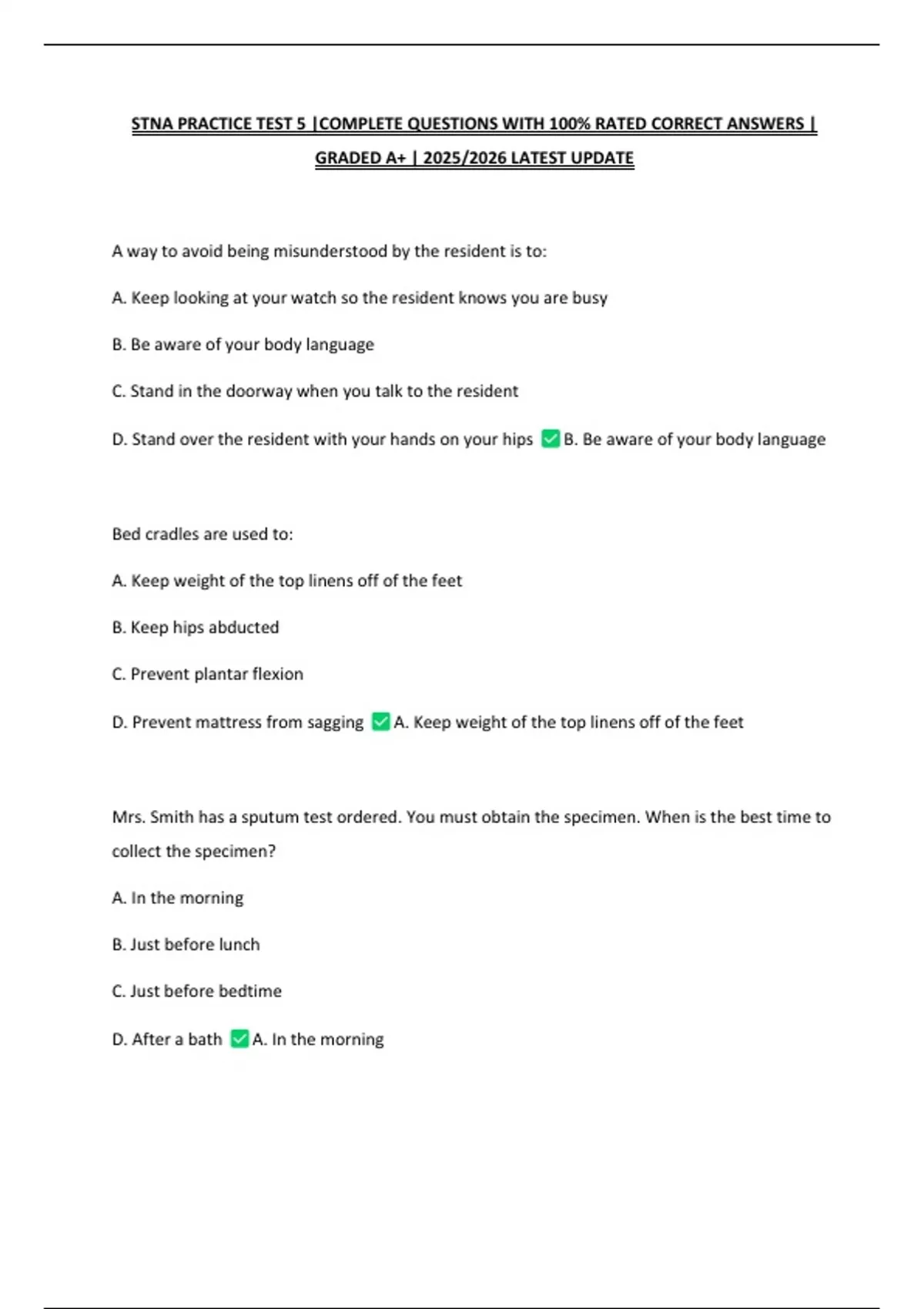 STNA PRACTICE TEST 5 |COMPLETE QUESTIONS WITH 100% RATED CORRECT ...