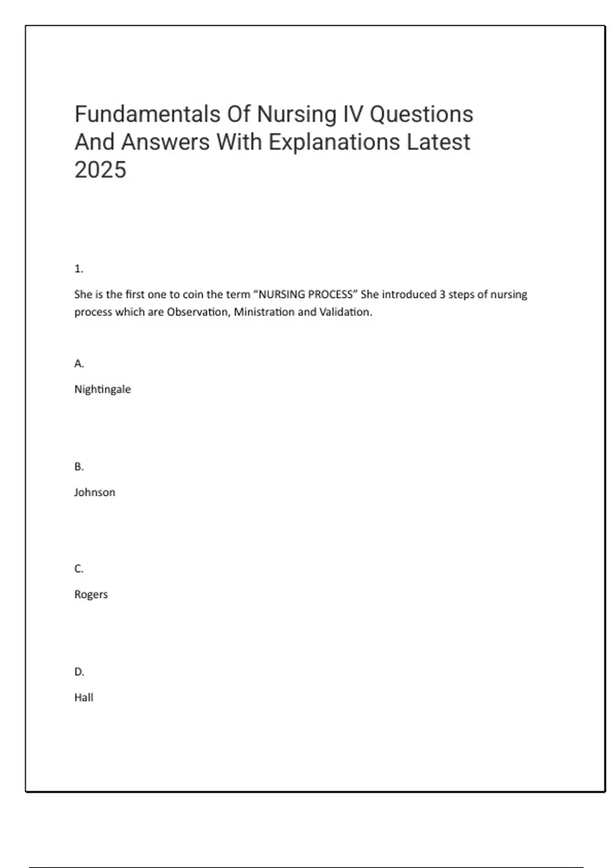 Sample Iv Questions Fundamentals Of Nursing IV Questions And Answers With Explanations ...