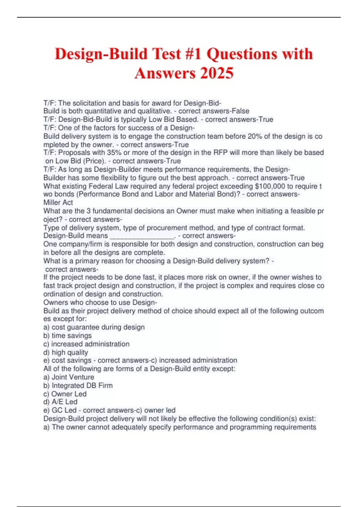 Design-Build Test -1 Questions with Answers 2025 - DBIA - Stuvia US