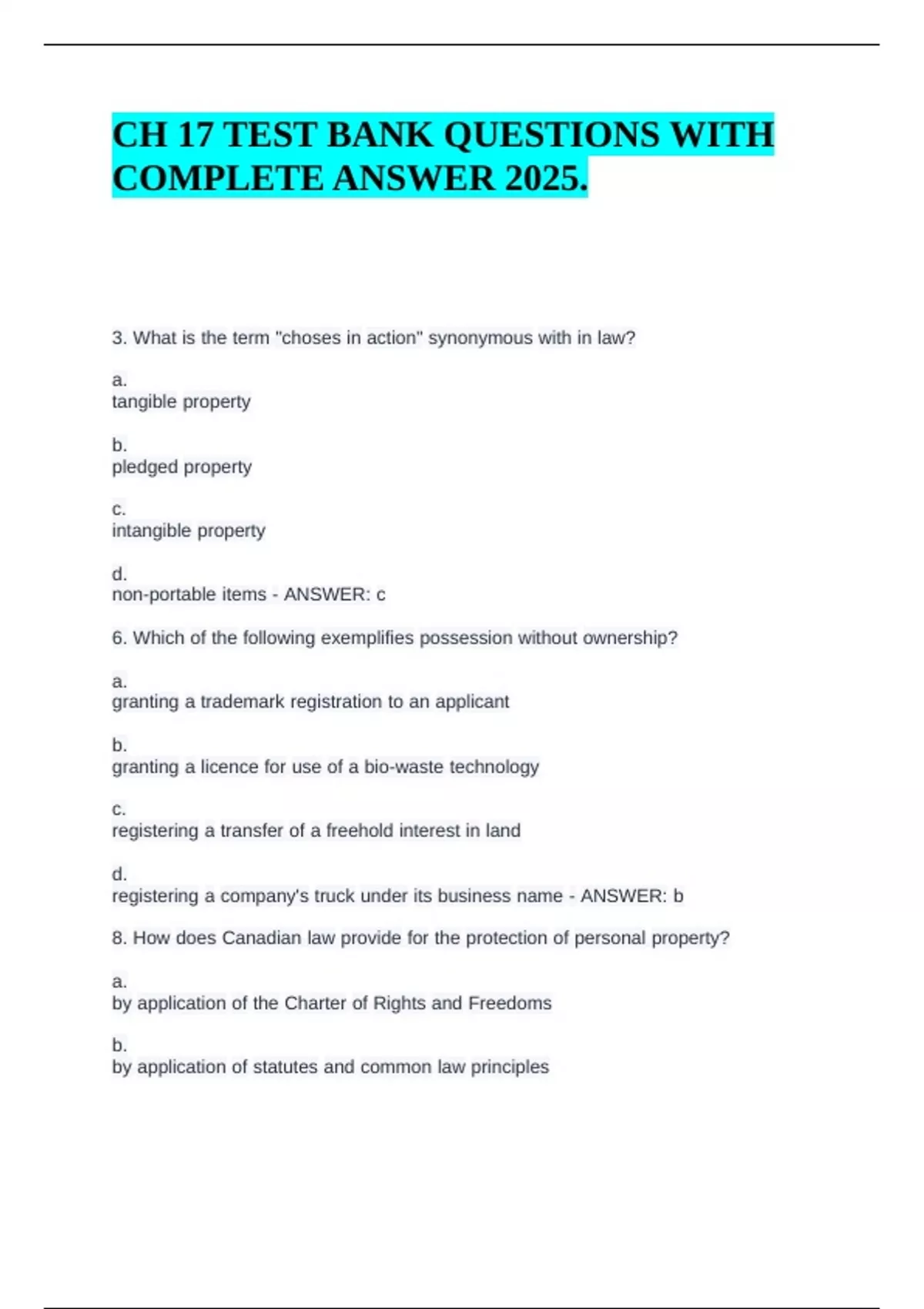 CH 17 TEST BANK QUESTIONS WITH COMPLETE ANSWER 2025 - Corporate Finance ...