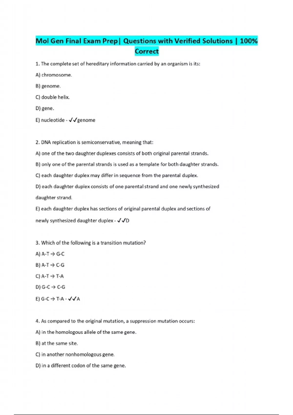 Mol Gen Final Exam Prep| Questions with Verified Solutions | 100% ...