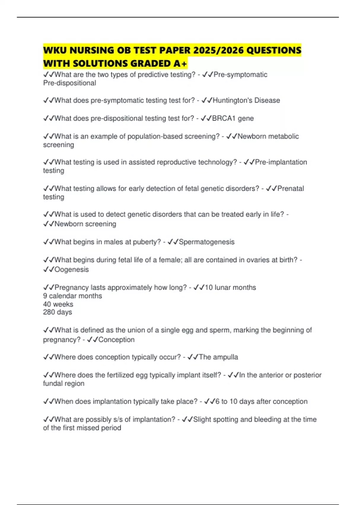 WKU NURSING OB TEST PAPER 2025/2026 QUESTIONS WITH SOLUTIONS GRADED A+ ...
