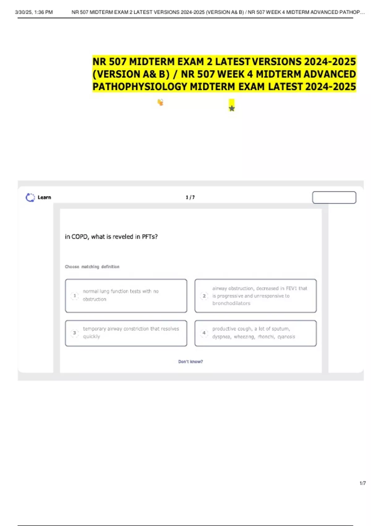 NR 507 MIDTERM EXAM 2 LATEST VERSIONS (VERSION A& B) / NR 507 WEEK 4 ...