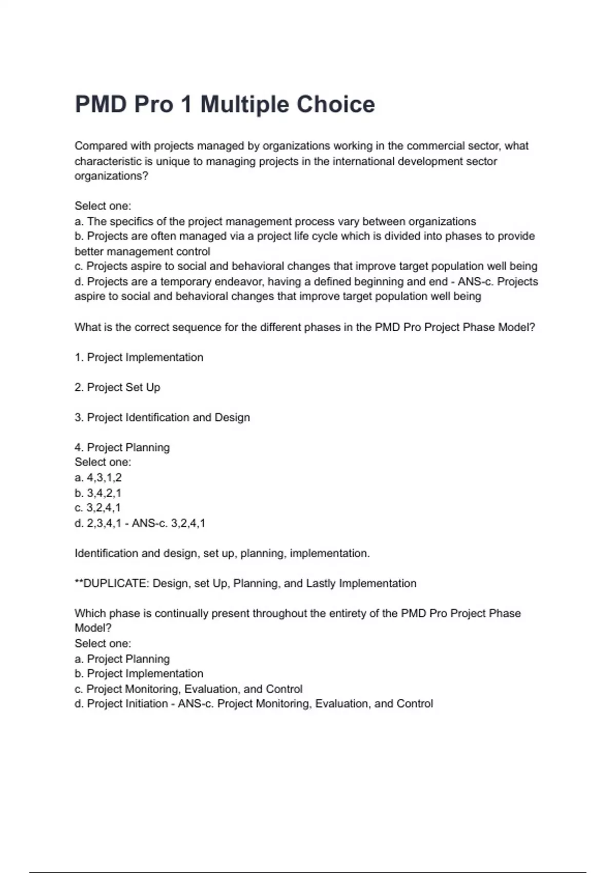 PMD Pro 1 Multiple Choice Questions and answers graded A+ 2025/2026 ...
