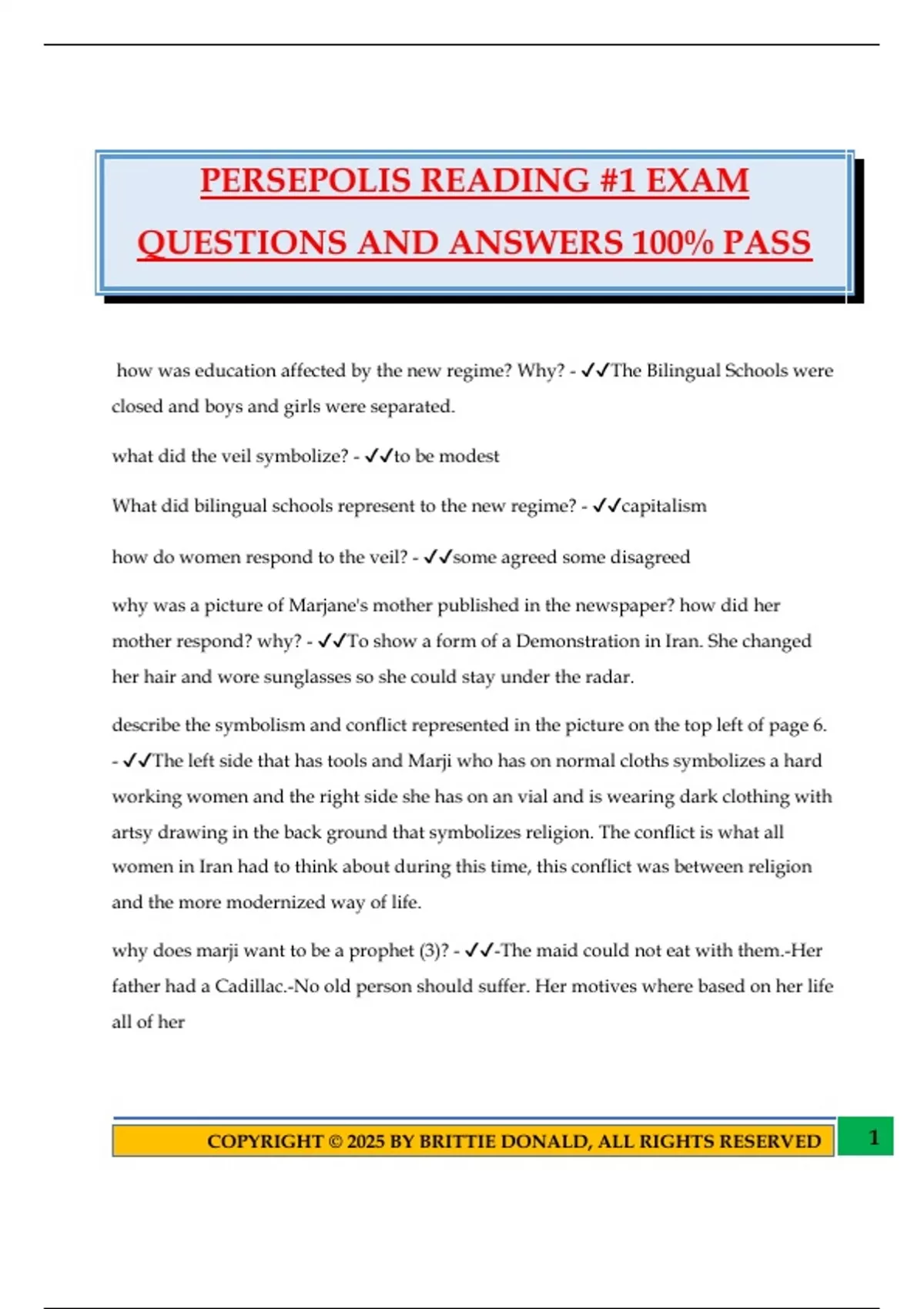 PERSEPOLIS READING #1 EXAM QUESTIONS AND ANSWERS 100% PASS - Persepolis ...