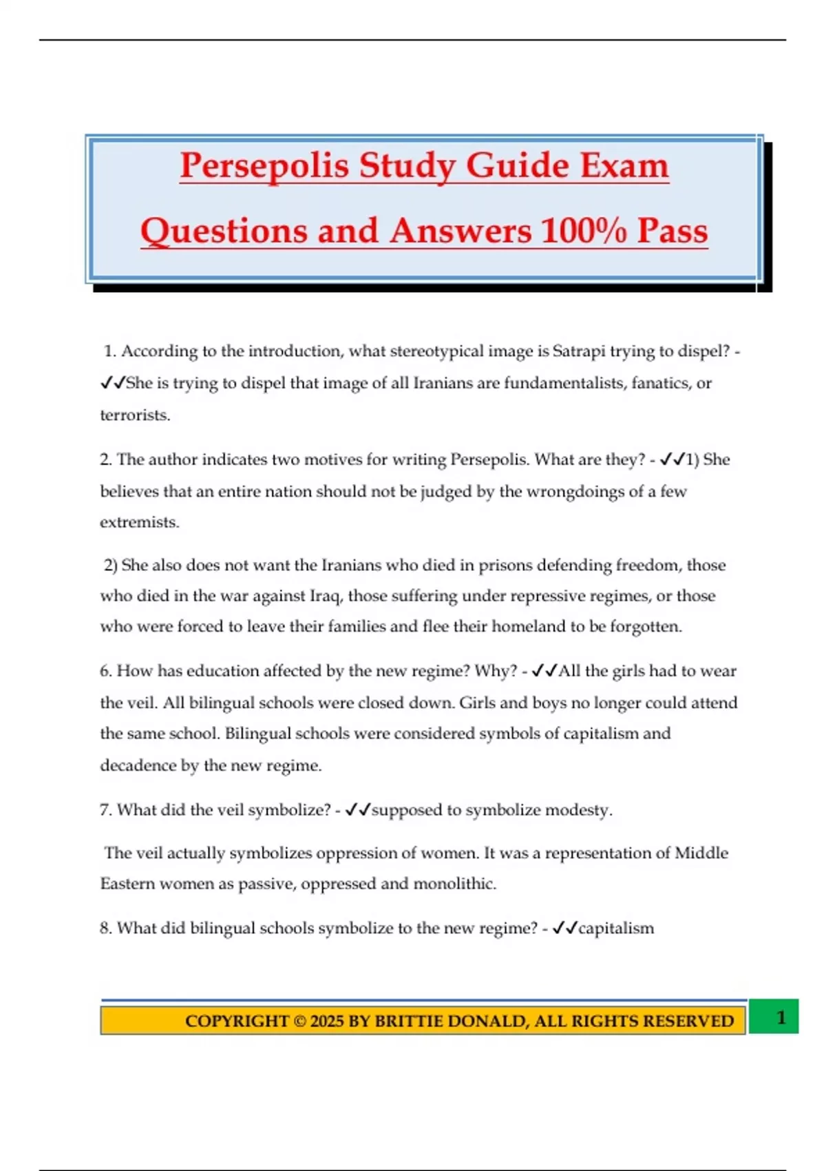 Persepolis Study Guide Exam Questions and Answers 100% Pass ...