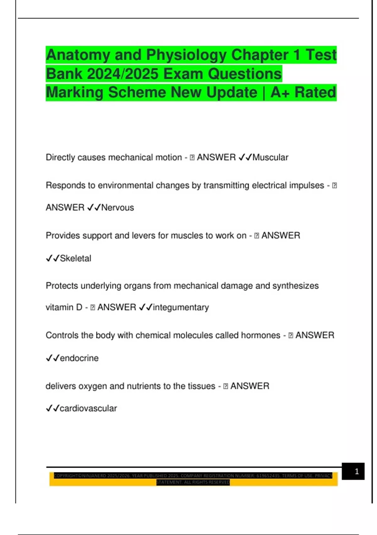 Anatomy and Physiology Chapter 1 Test Bank 2024/2025 Exam Questions ...