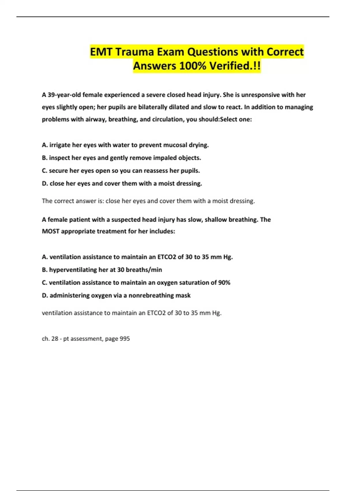 EMT Trauma Exam Questions with Correct Answers 100% Verified.!! - EMT ...