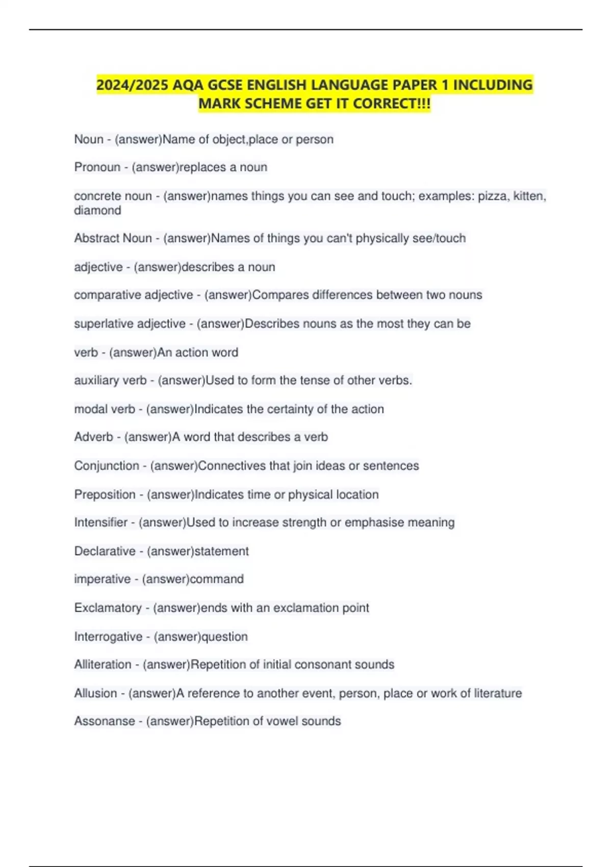 2024/2025 AQA GCSE ENGLISH LANGUAGE PAPER 1 INCLUDING MARK SCHEME GET ...