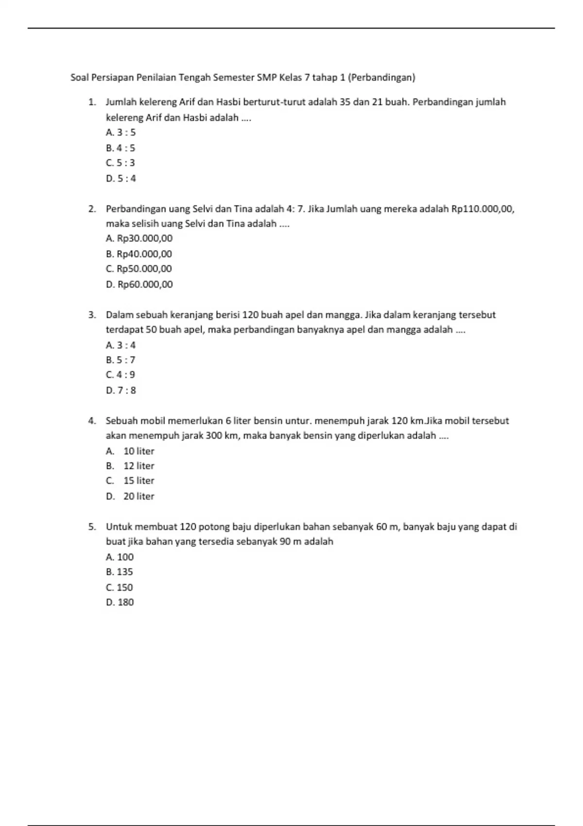 Latihan soal materi aritmetika sosial (perbandingan senilai ...