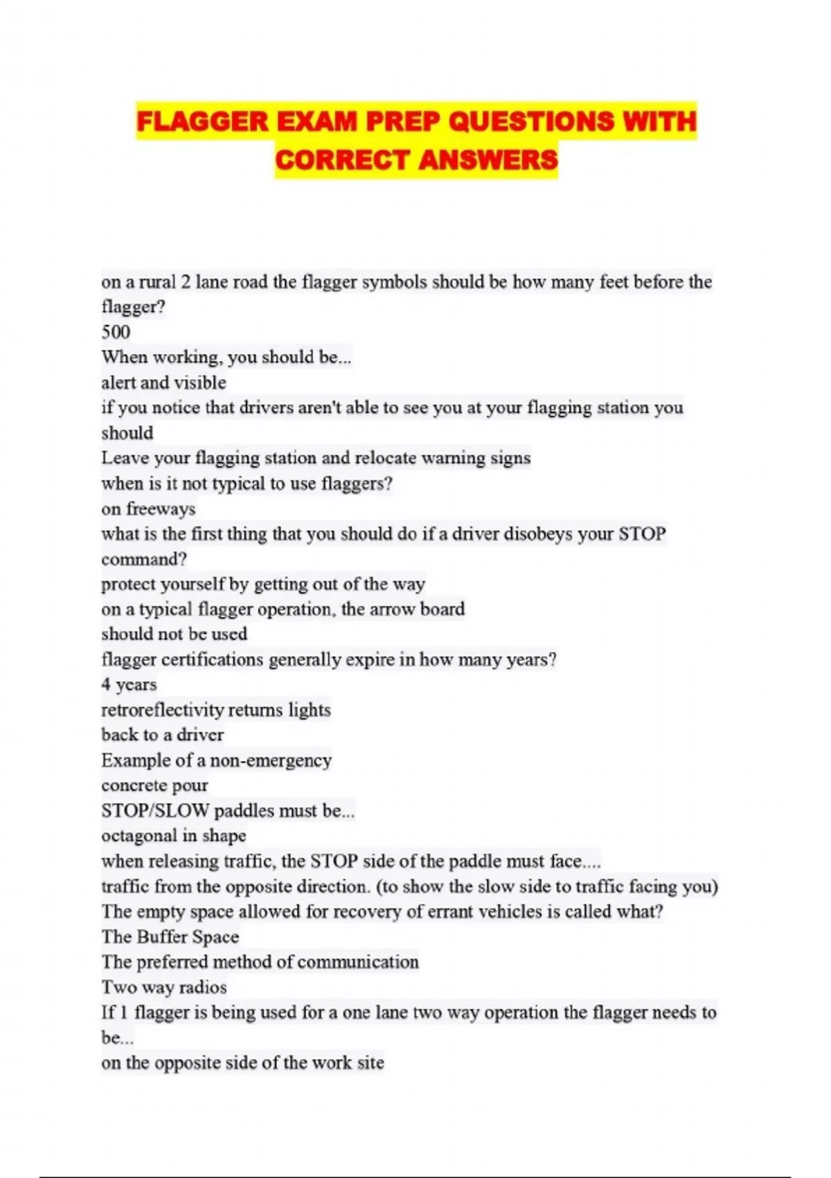 FLAGGER EXAM PREP QUESTIONS WITH CORRECT ANSWERS - FLAGGER - Stuvia US