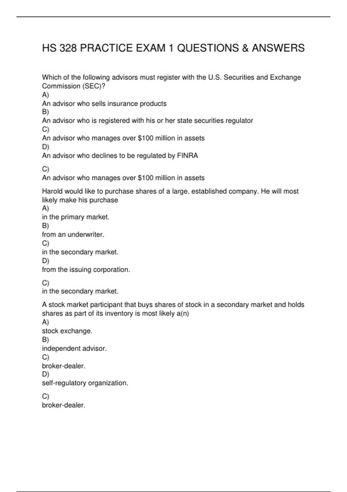 HS 328 PRACTICE EXAM 1 QUESTIONS & ANSWERS - HS 328 - Stuvia US