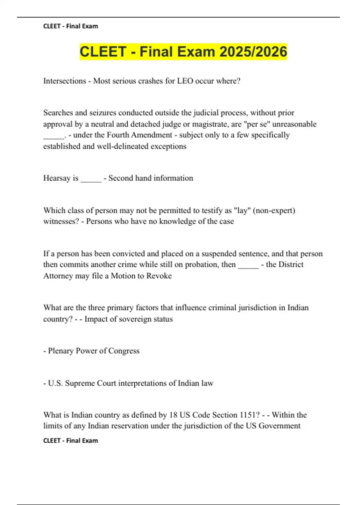CLEET - Final Exam 2025/2026 - CLEET - Stuvia US