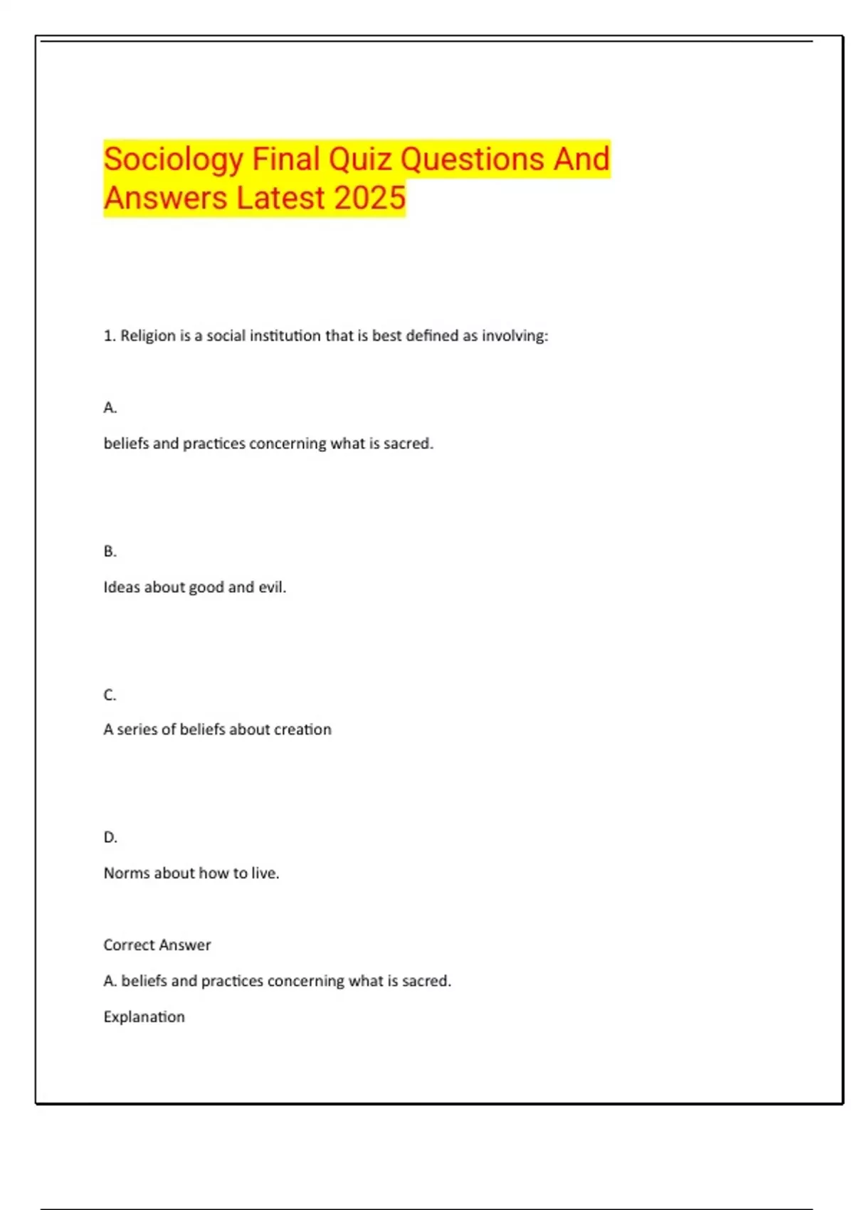 Sociology Final Quiz Questions And Answers Latest 2025 - Sociology ...