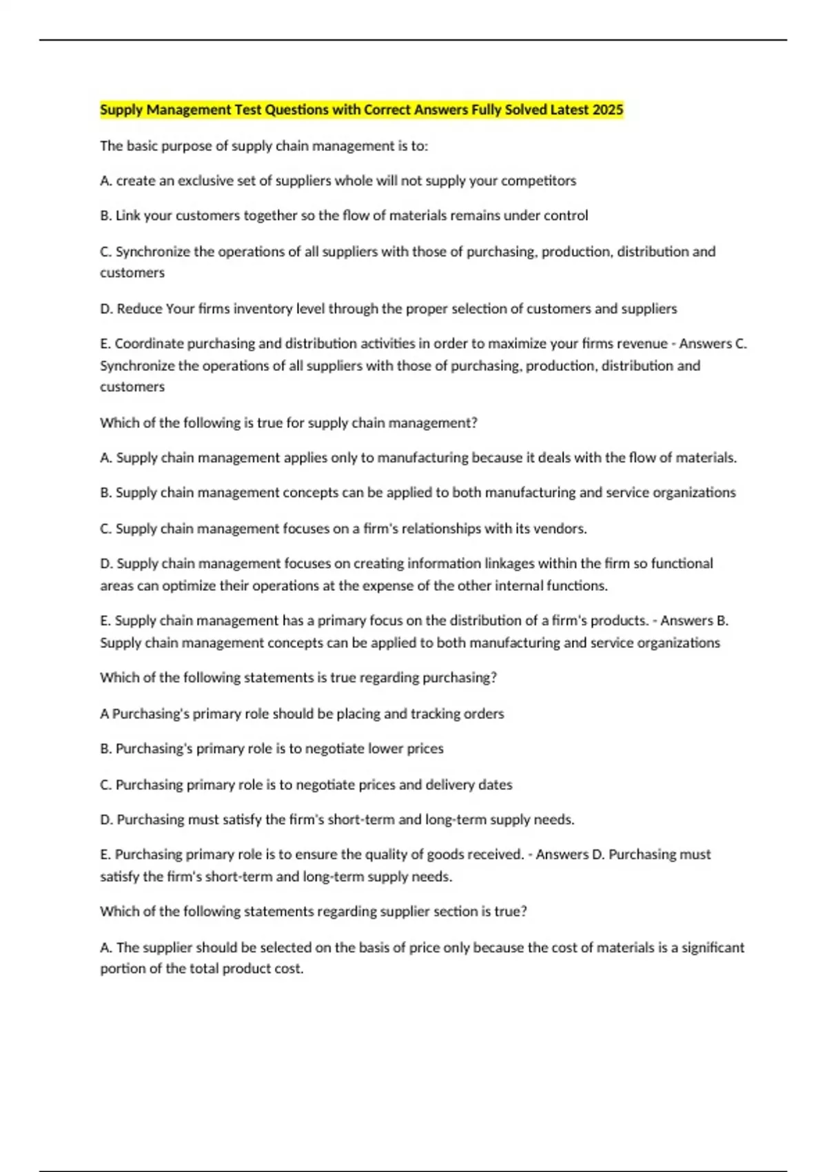 Supply Management Test Questions with Correct Answers Fully Solved ...