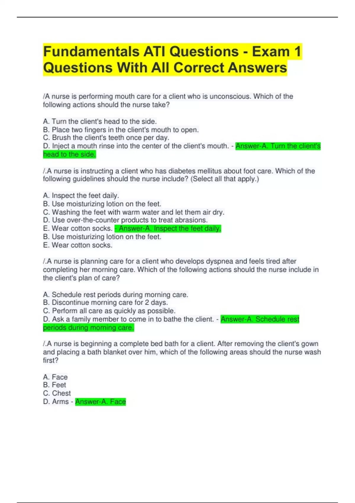 Fundamentals ATI Questions - Exam 1 Questions With All Correct Answers ...