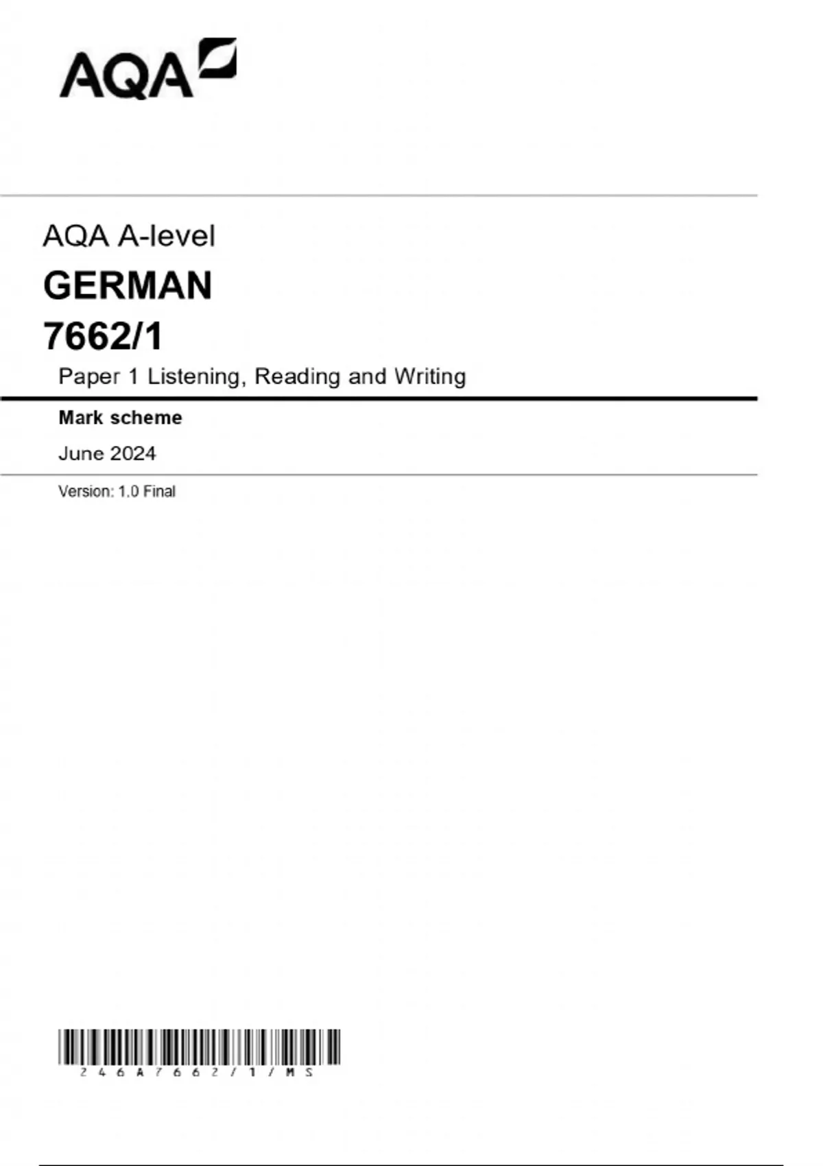 AQA A-level GERMAN 7662/1 Paper 1 Listening, Reading and Writing Mark ...