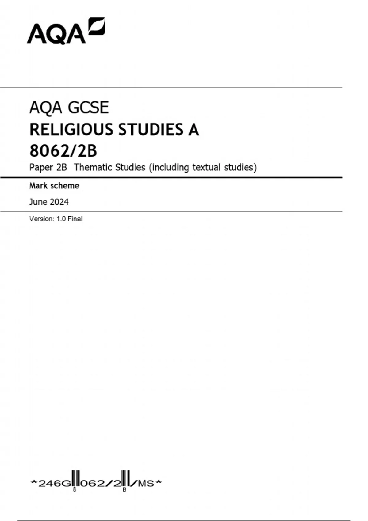 AQA GCSE RELIGIOUS STUDIES A 8062/2B Paper 2B Thematic Studies ...