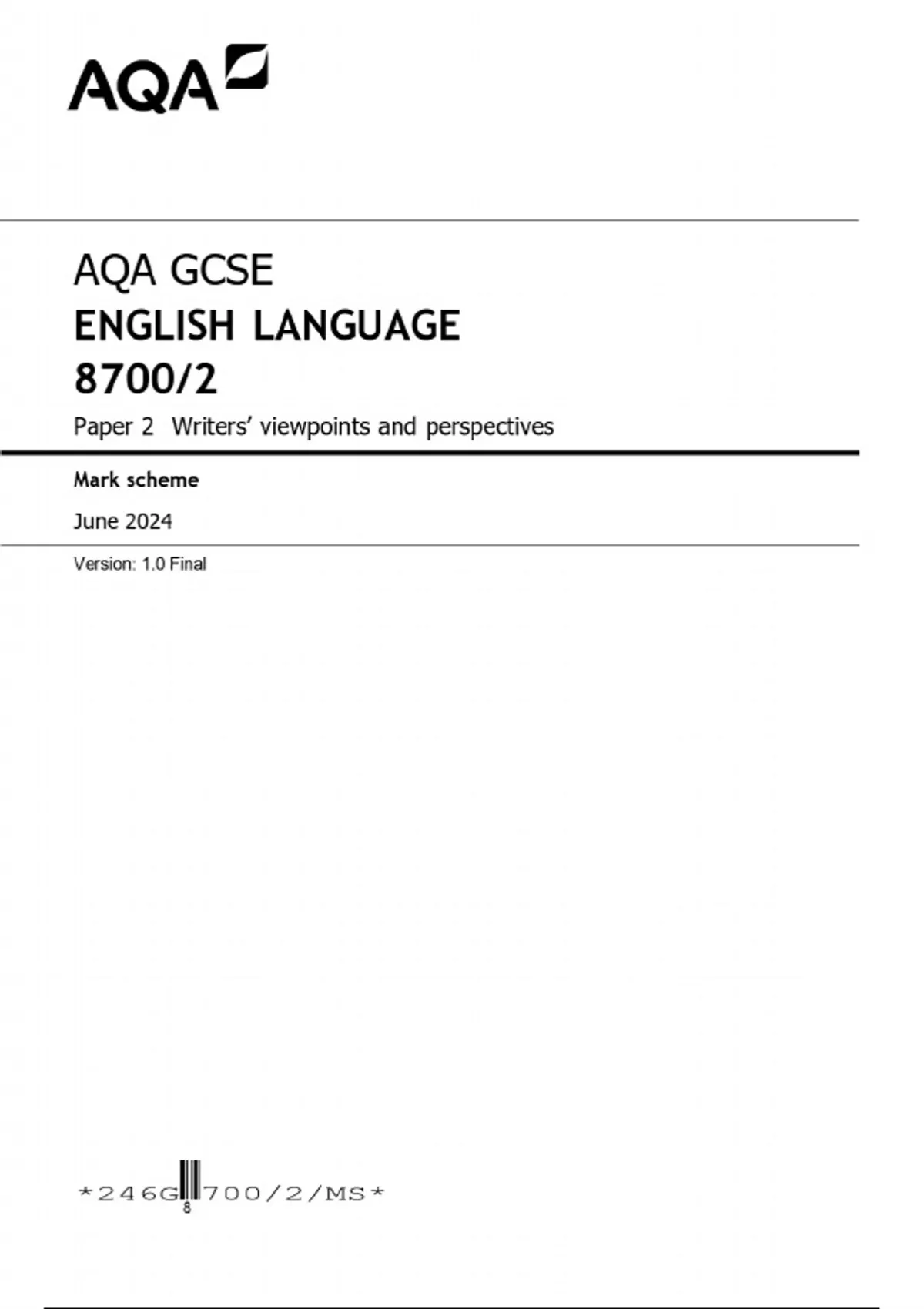 AQA GCSE ENGLISH LANGUAGE 8700/2 Paper 2 Writers’ viewpoints and ...