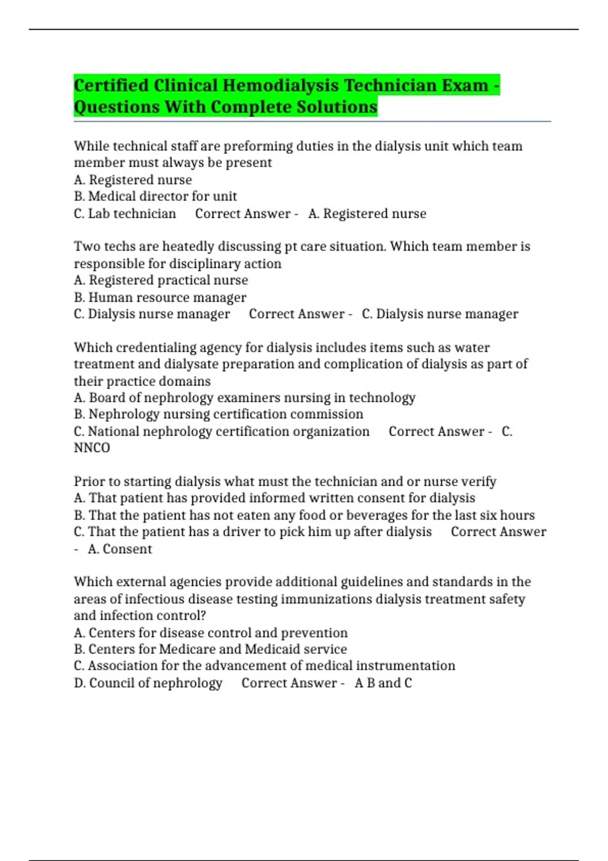 Certified Clinical Hemodialysis Technician Exam - Questions With ...