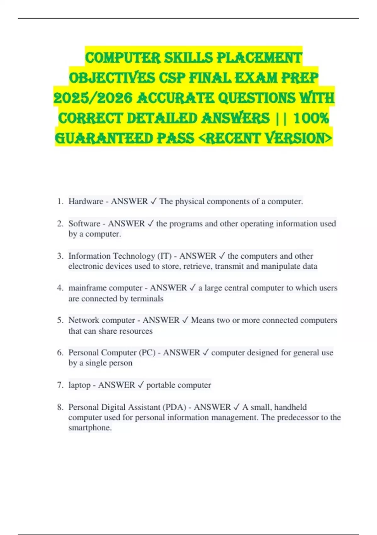 Computer Skills Placement Objectives CSP FINAL EXAM PREP 2025/2026 ...