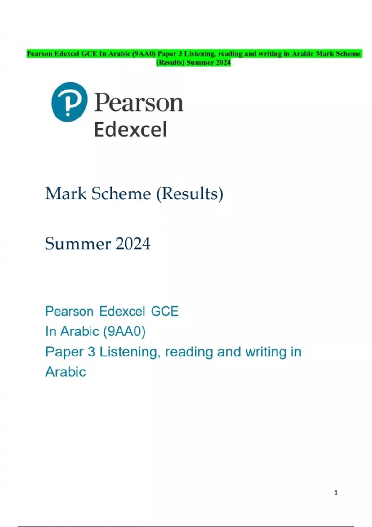 1 Pearson Edexcel GCE In Arabic (9AA0) Paper 3 Listening, reading and ...