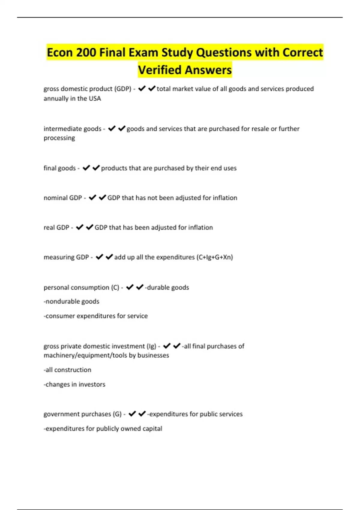 Econ 200 Final Exam Study Questions with Correct Verified Answers ...