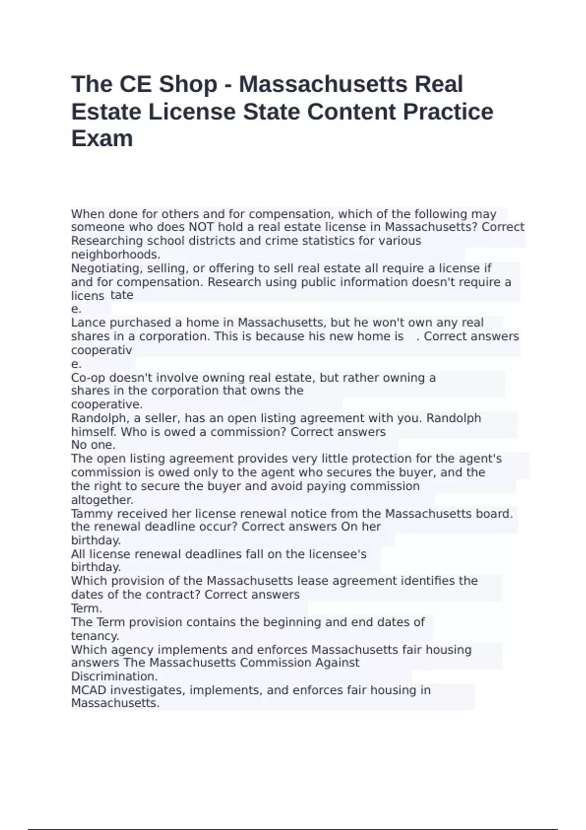 The CE Shop Massachusetts Real Estate License State Content Practice