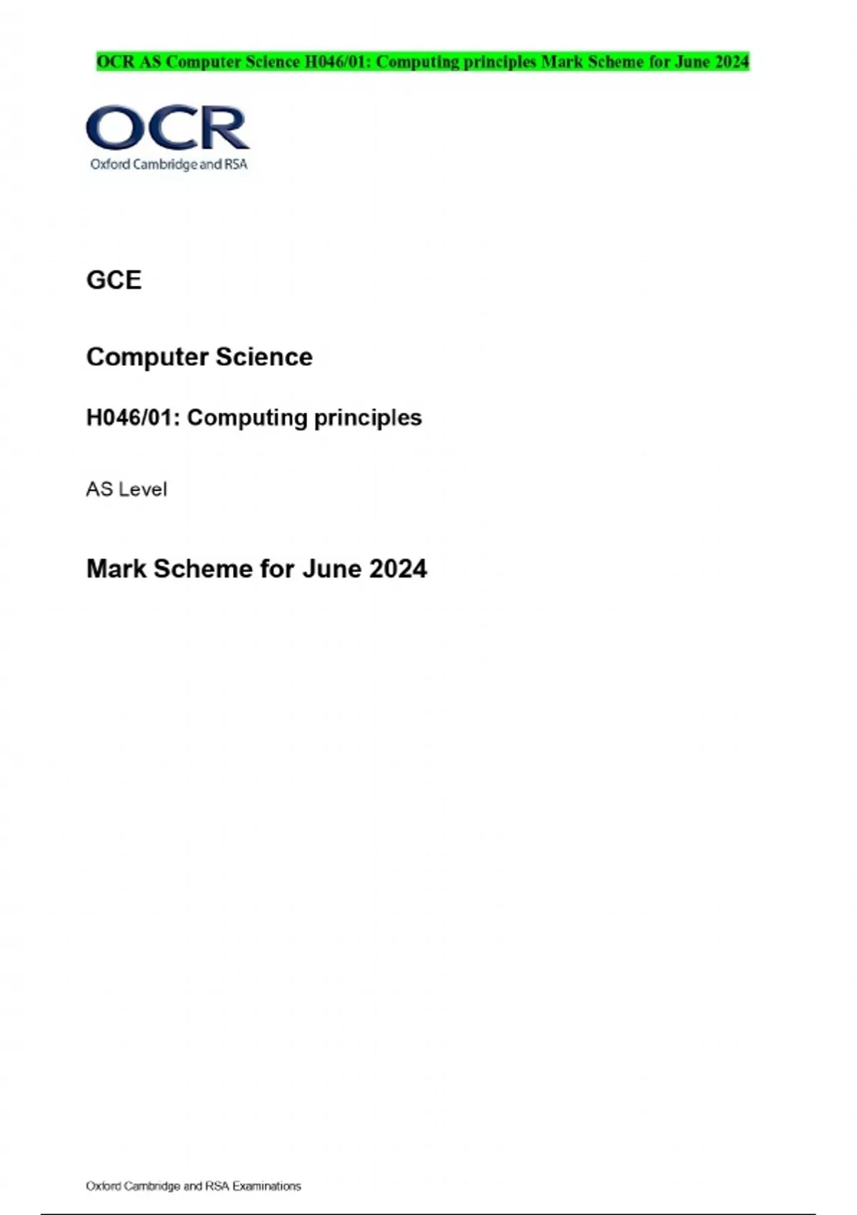 Oxford Cambridge and RSA Examinations OCR AS Computer Science H046/01 ...