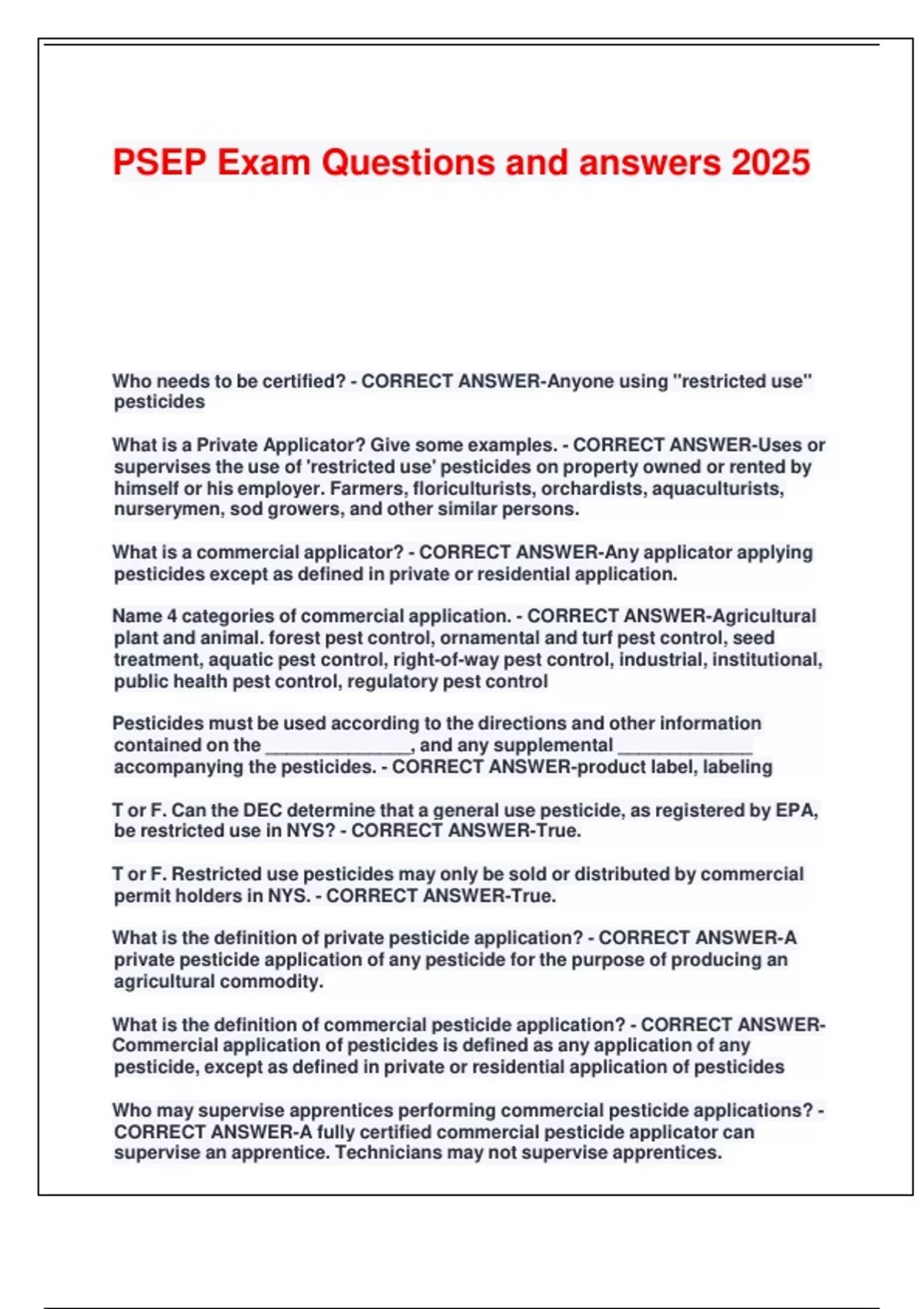 PSEP Exam Questions and answers 2025. - Pesticide - Stuvia US