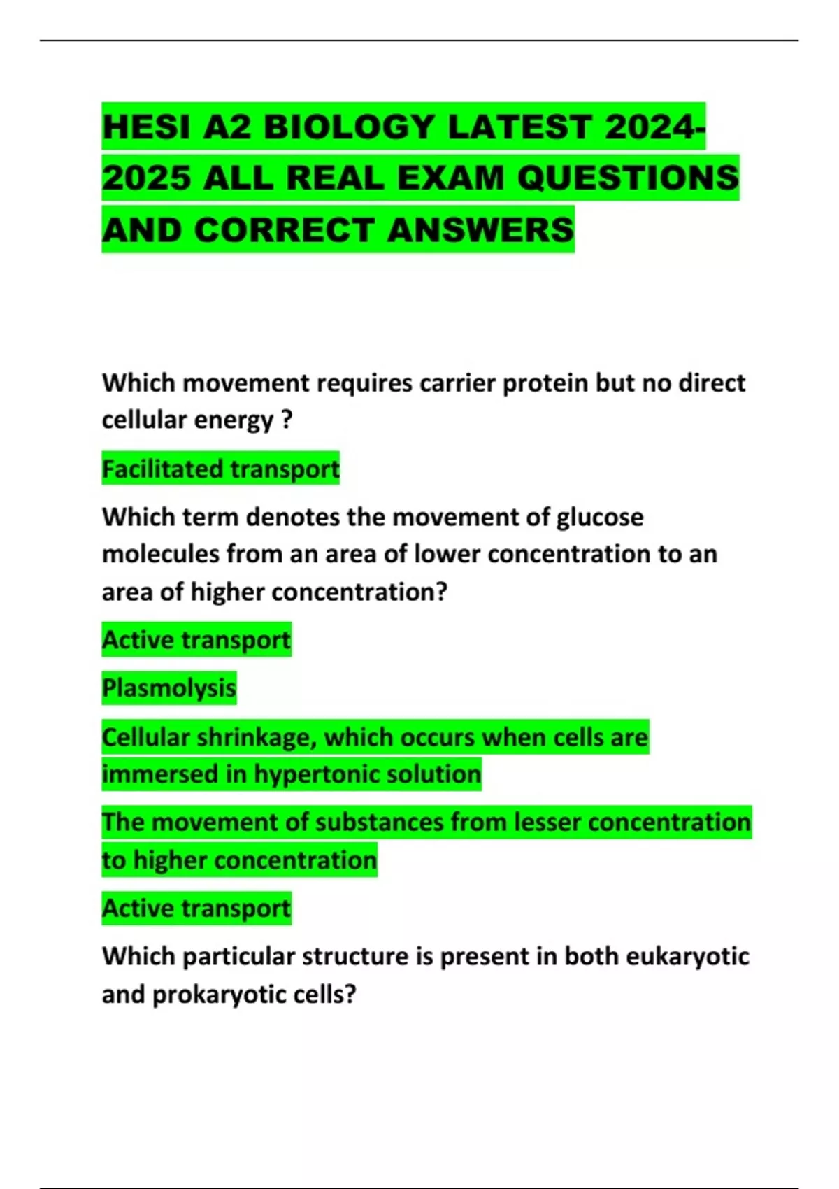 HESI A2 BIOLOGY LATEST ALL REAL EXAM QUESTIONS AND CORRECT ANSWERS ...