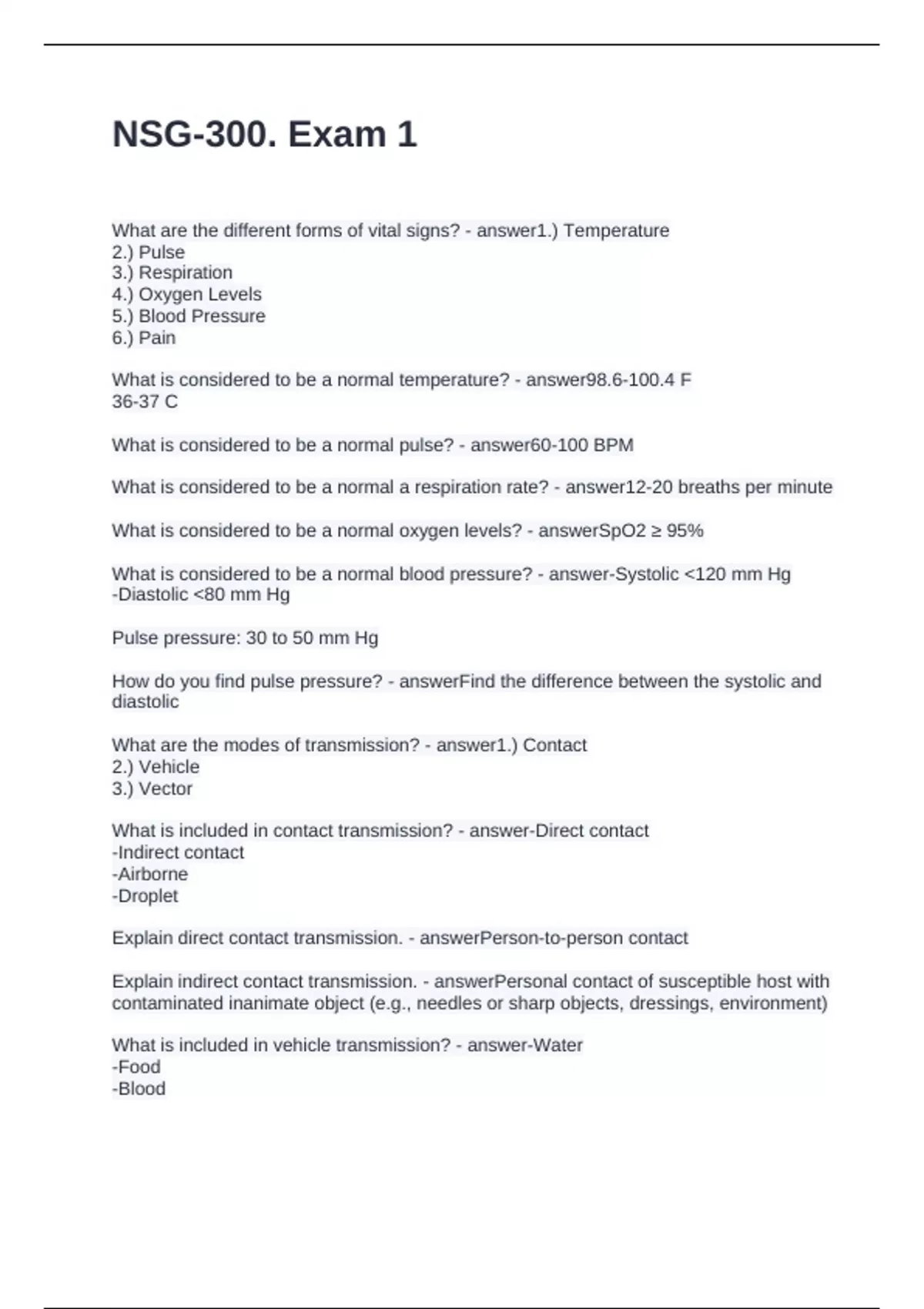 NSG-300. Exam 1 Questions with Solutions - NSG 300 - Stuvia US