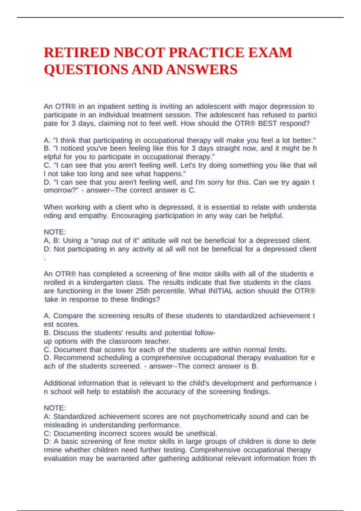 Nbcot Question Examples RETIRED NBCOT PRACTICE EXAM QUESTIONS AND ANSWERS - NBCOT - Stuvia US