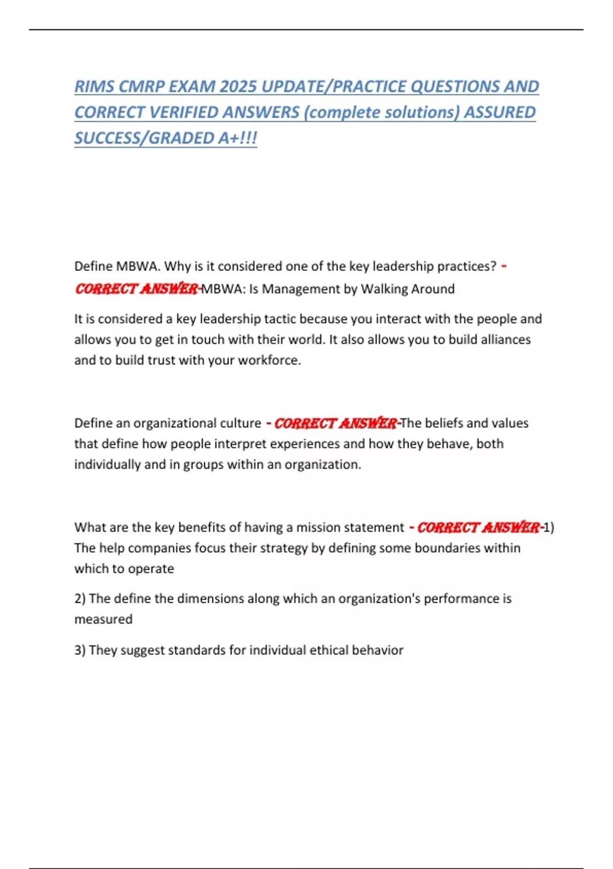 RIMS CMRP EXAM 2025 UPDATE/PRACTICE QUESTIONS AND CORRECT VERIFIED ...