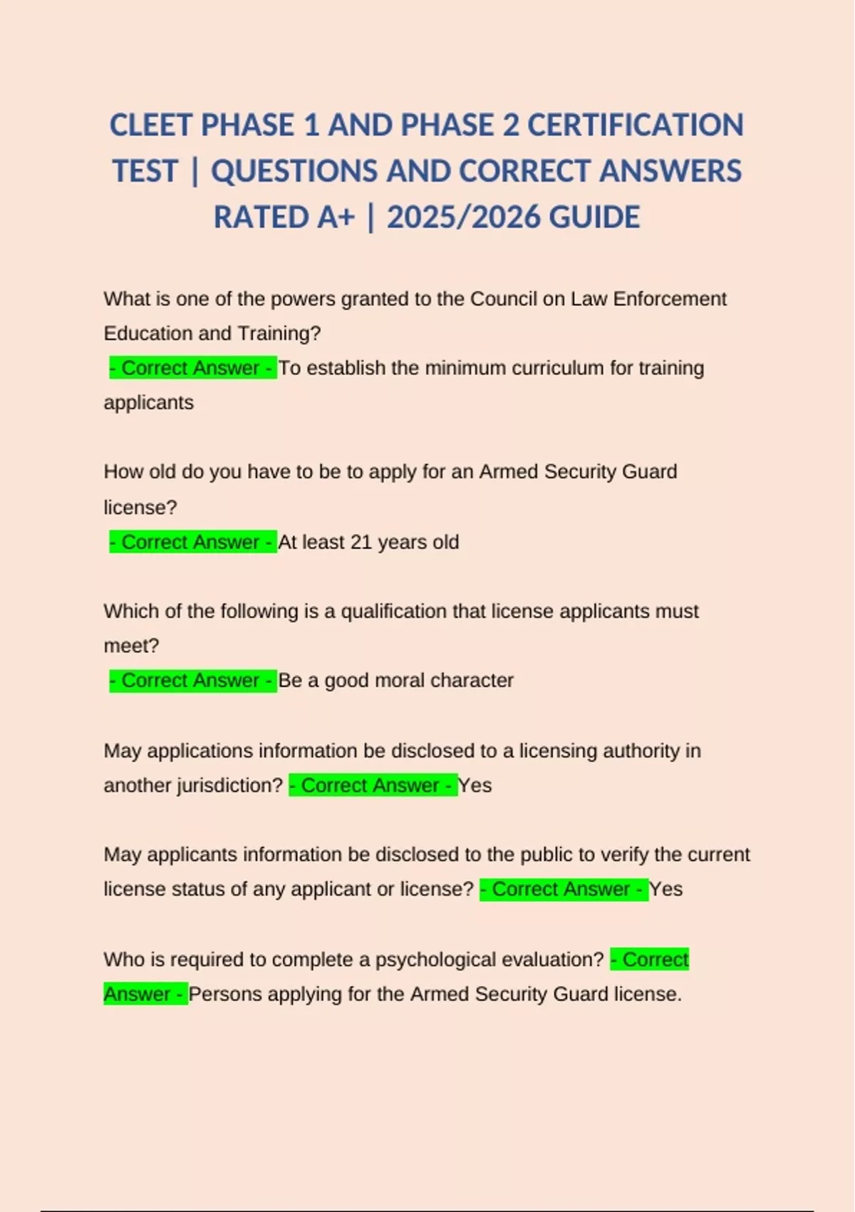 BUNDLE FOR CLEET CERTIFICATION PHASE 1 2 3 4 EXAM QUESTIONS AND