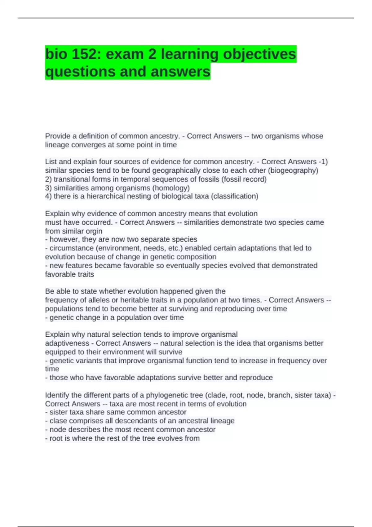 bio 152 exam 2 learning objectives questions and answers - BIO 152 ...