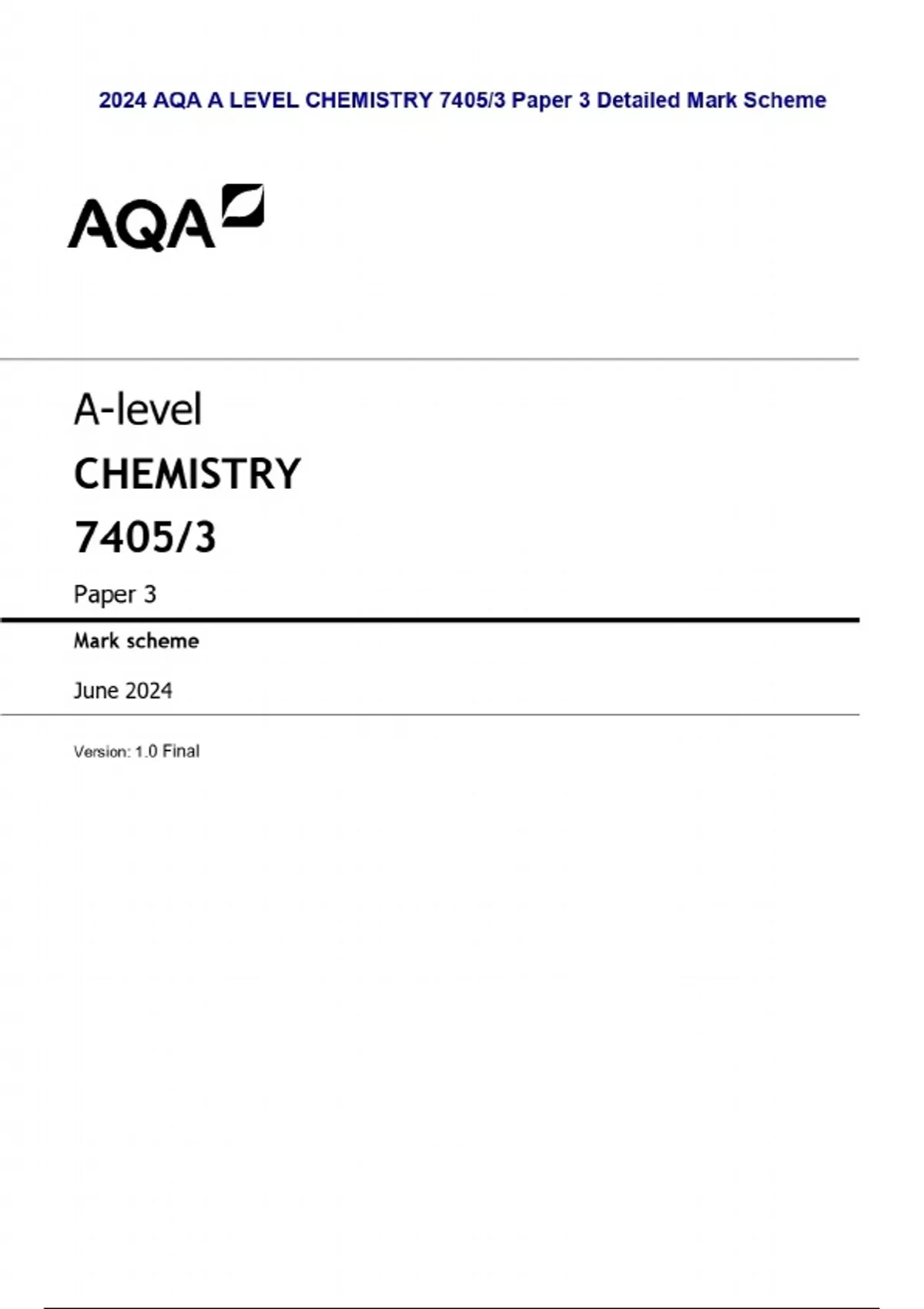 2024 AQA A LEVEL CHEMISTRY 7405/3 Paper 3 Detailed Mark Scheme - Aqa ms ...