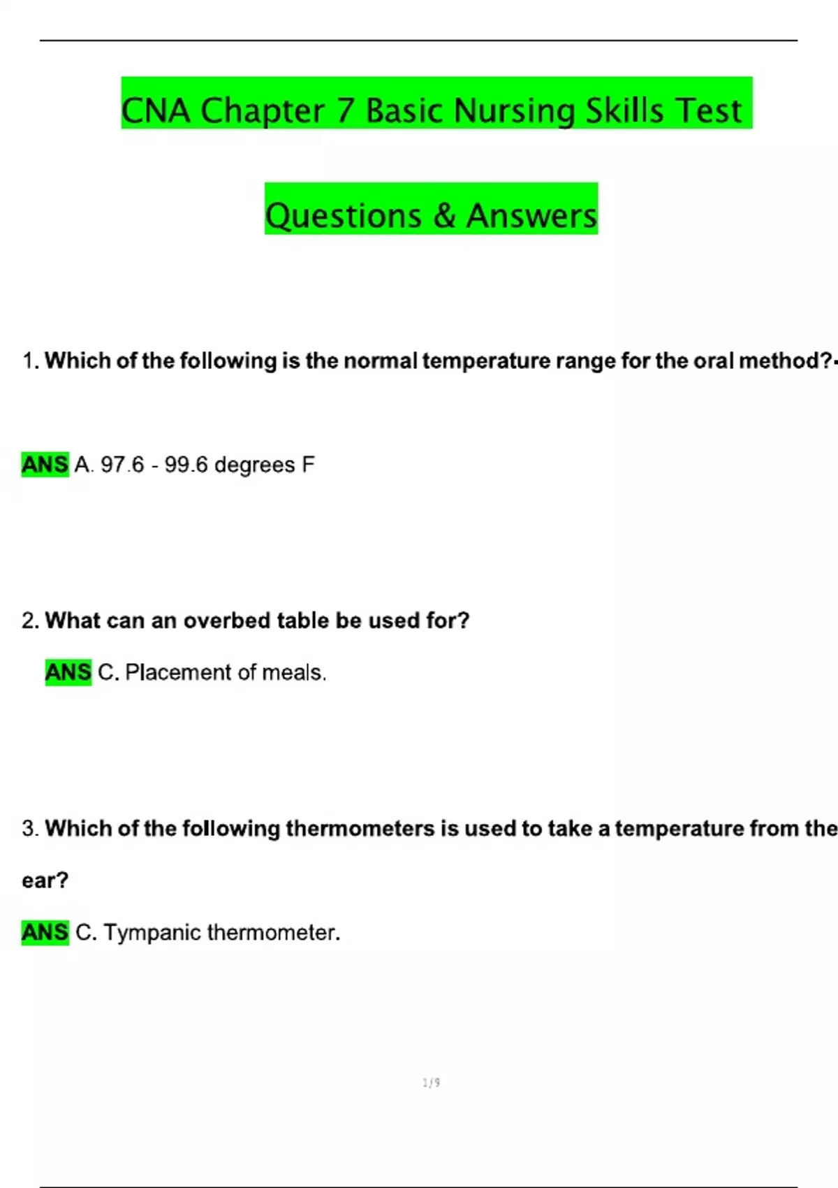 2025 CNA Chapter 7 Basic Nursing Skills Test Exam Actual Qs & Ans to ...