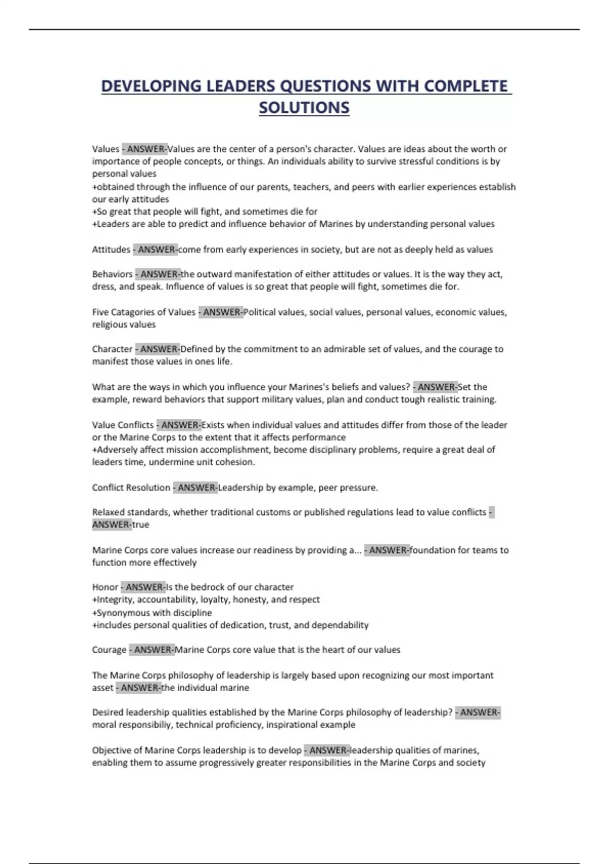 DEVELOPING LEADERS QUESTIONS WITH COMPLETE SOLUTIOn - Developing ...