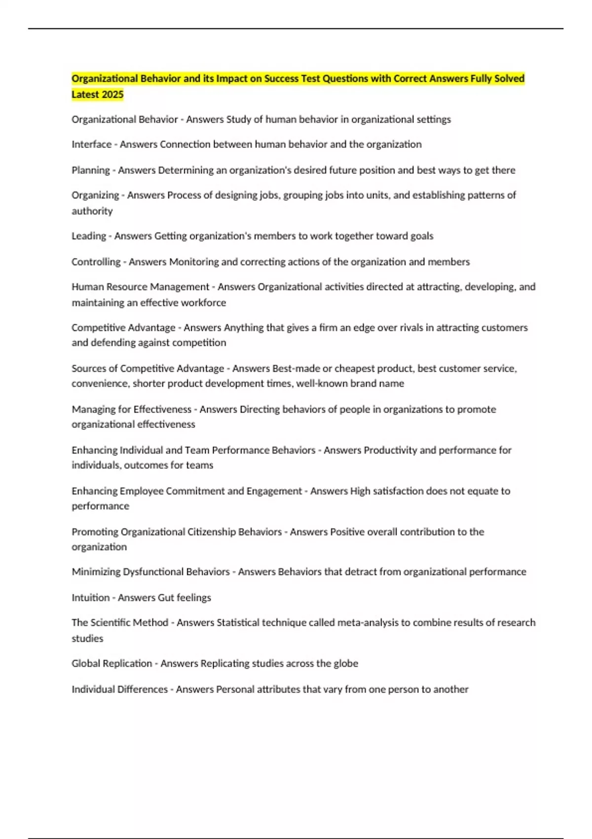Organizational Behavior and its Impact on Success Test Questions with ...