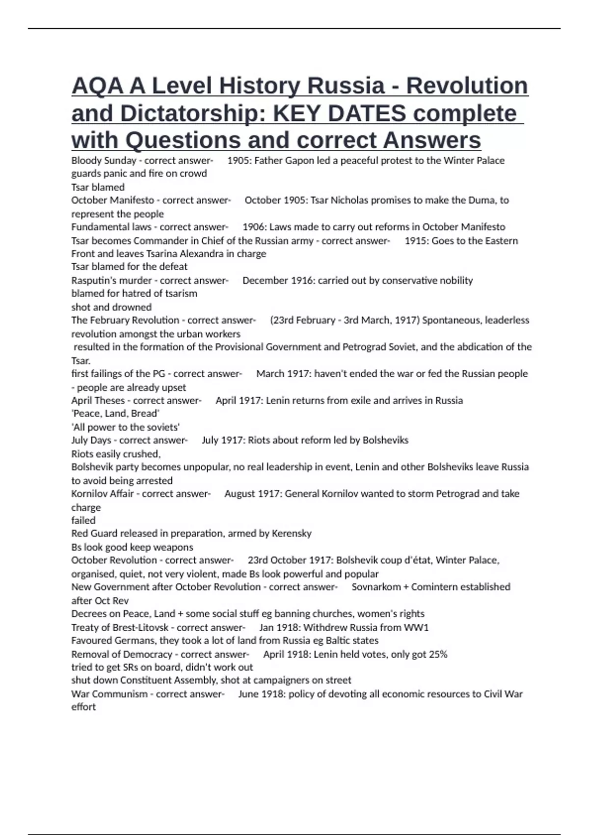 AQA A Level History Russia Revolution And Dictatorship KEY DATES AQA A Level History Russia Revolution And Dictatorship KEY DATES