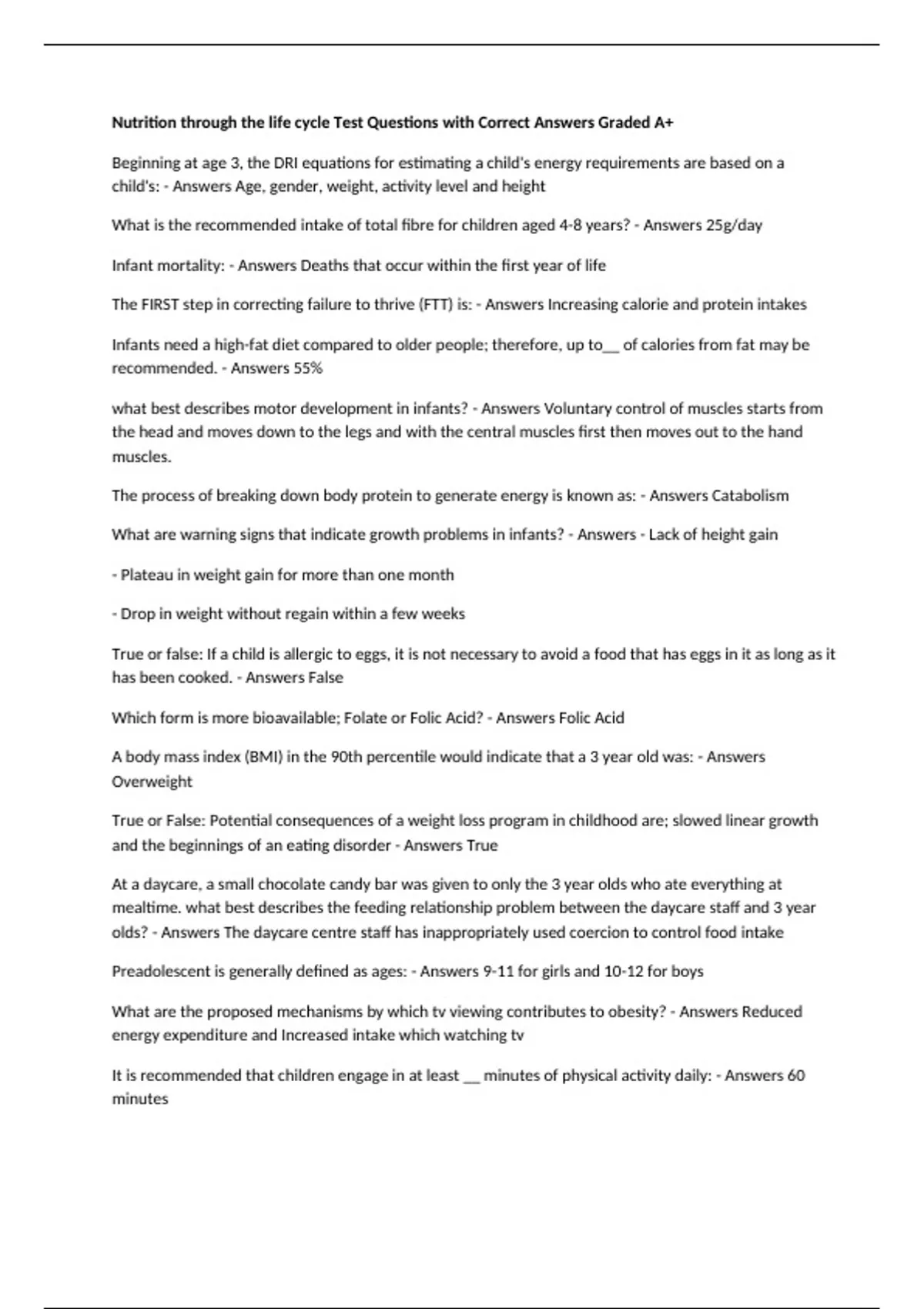 Nutrition through the life cycle Test Questions with Correct Answers ...