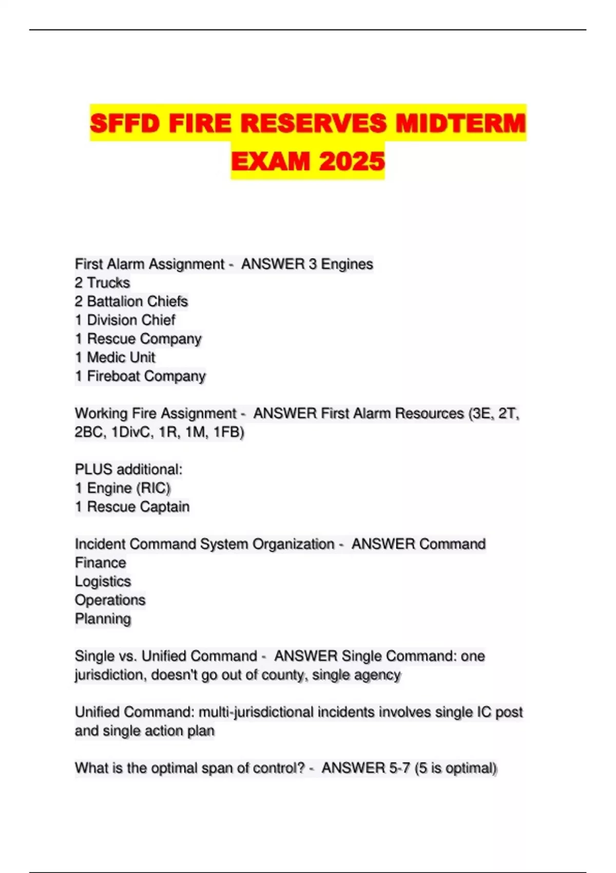 Sffd Command SFFD FIRE RESERVES MIDTERM EXAM 2025 - SFFD FIRE RESERVES - Stuvia US