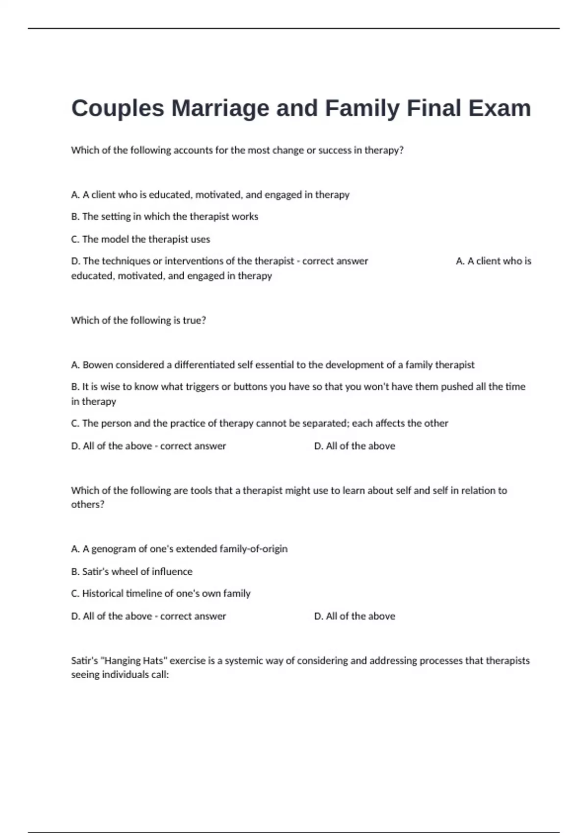 Couples Marriage and Family Final Exam Questions With Correct Detailed ...