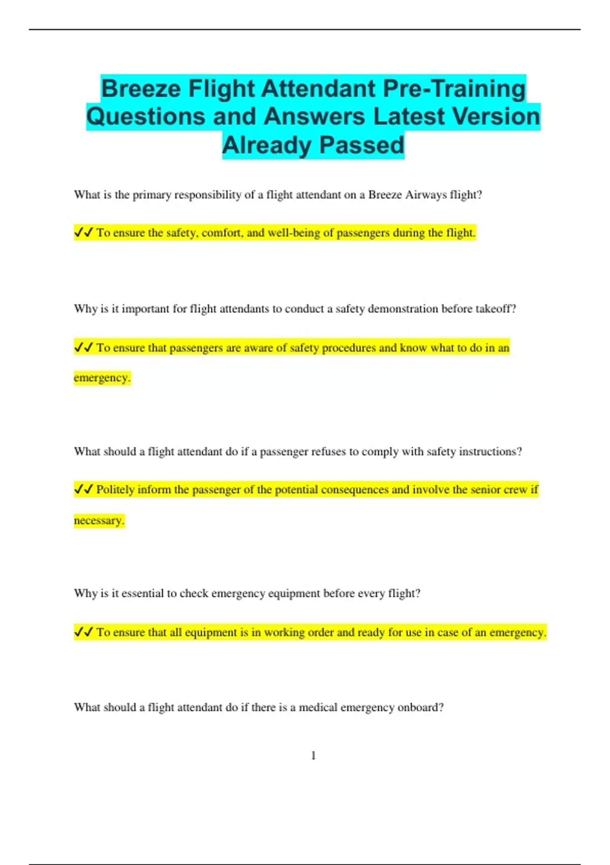 Pre Flight Questions Breeze Flight Attendant Pre-Training Questions and Answers Latest ...