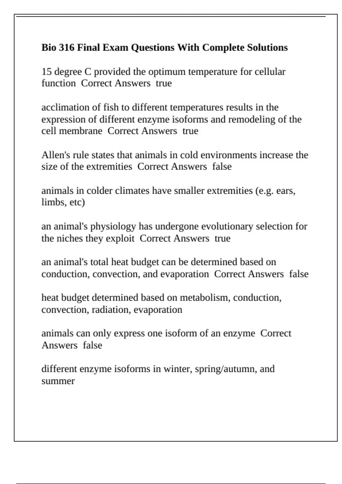 Bio 316 Final Exam Questions With Complete Solutions - Bio 316 - Stuvia US