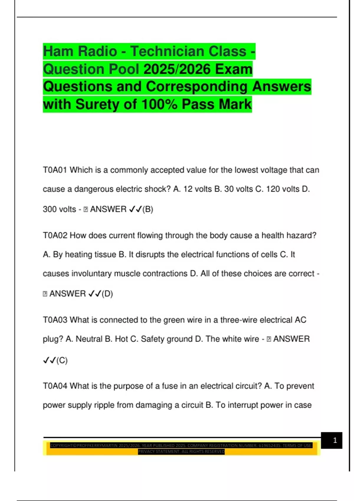 Ham Radio - Technician Class - Question Pool 2025/2026 Exam Questions and Corresponding Answers ...
